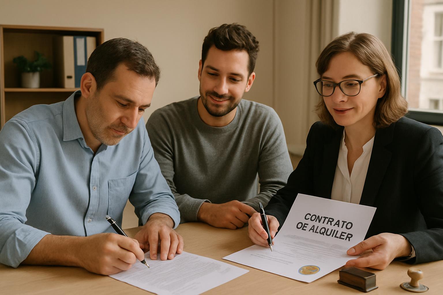 Locador e inquilino certificando firmas de contrato de alquiler ante escribano en Córdoba