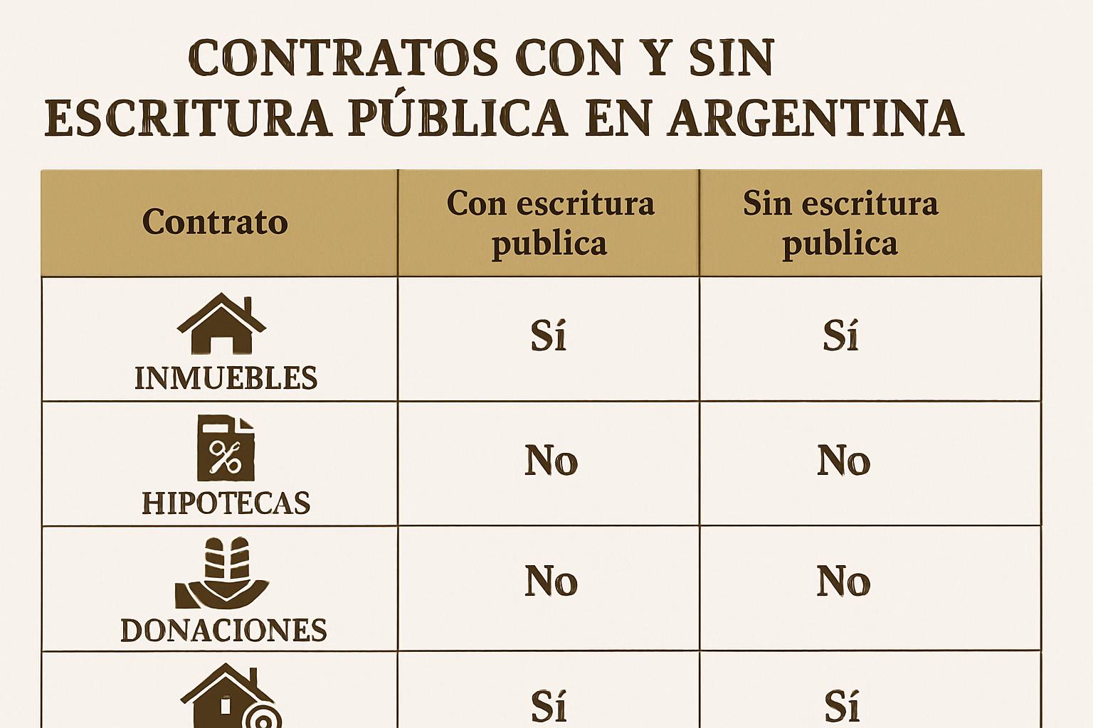 Tabla comparativa de contratos que requieren escritura pública vs. instrumento privado en Argentina