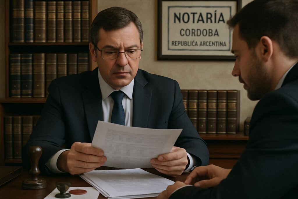 Escribano público en Córdoba atendiendo a cliente — servicios notariales en Escribanía Echeto Registro N°610