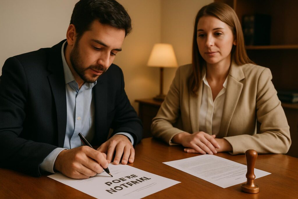 Persona otorgando poder notarial ante escribana en Córdoba Argentina