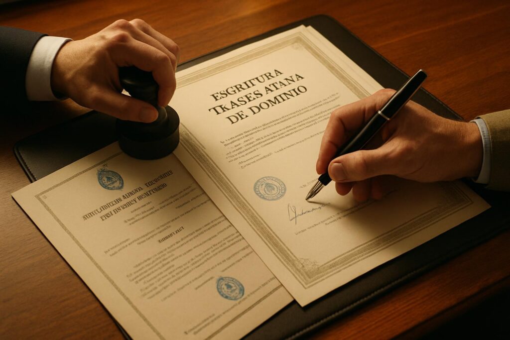 Firma de escritura de compraventa ante escribano en Córdoba — documentos y sello notarial