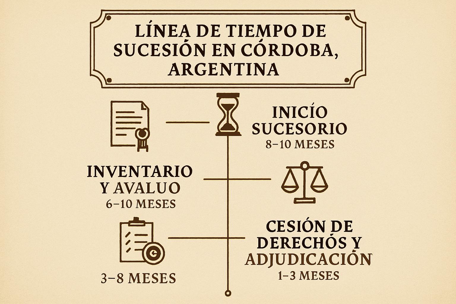 Infografía: línea de tiempo de una sucesión en Córdoba con plazos por etapa