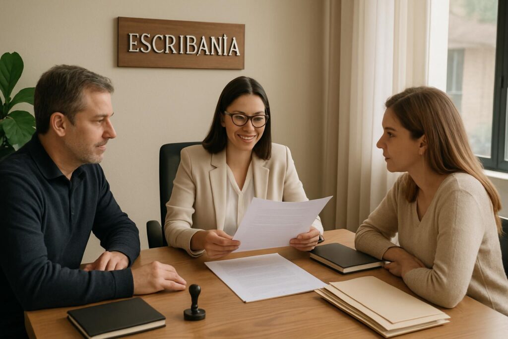 Escribana revisando documentación de declaratoria de herederos con familia en Córdoba